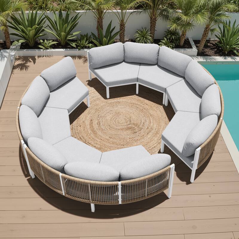 Outdoor Half Moon Curved Sofa Rattan Sectional Sofa Patio Outdoor Conversation Sets - 8-seater - Light Grey