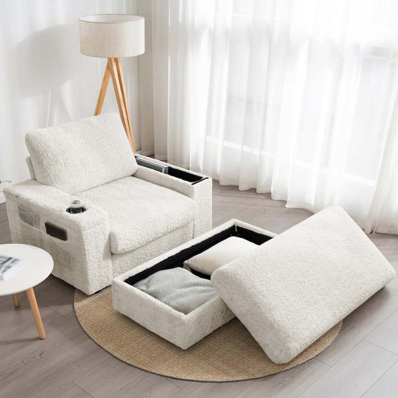 Oversized Upholstered Sleeper Chair Sofa Bed with Storage Ottoman and Armrests,Cup Holders - Beige