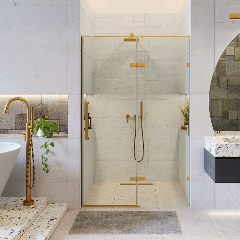 Fine Fixtures Hinged Clear Frameless Glass Shower Door Enclosure - 48 Inch - Satin Brass
