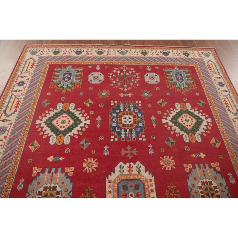 Geometric Red Kazak Area Rug Handmade Oriental Wool Carpet - 6'6" x 9'10"