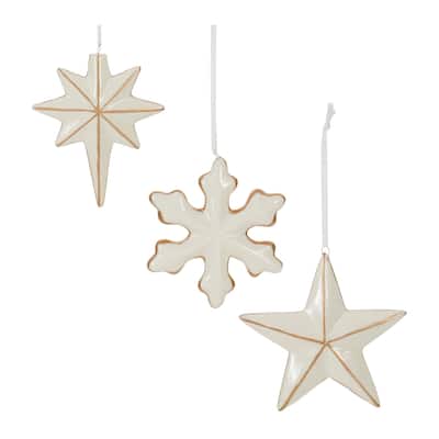 Star and Snowflake Christmas Ornaments - 4" - Cream and Gold - 6ct