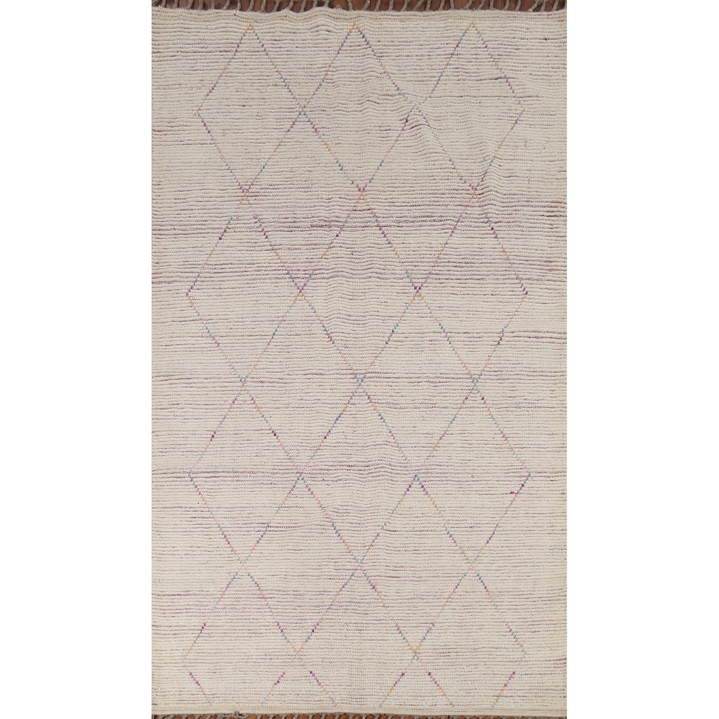 Beige Trellis Moroccan Area Rug Hand-Knotted Oriental Wool Carpet - 5'1"x 8'11"