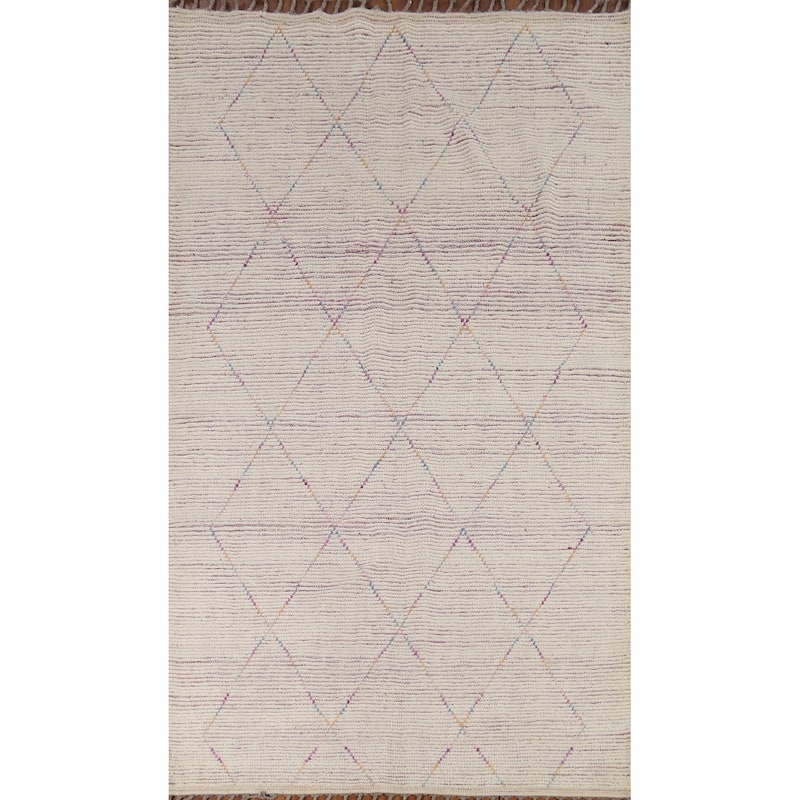 Beige Trellis Moroccan Area Rug Hand-Knotted Oriental Wool Carpet - 5'1"x 8'11"