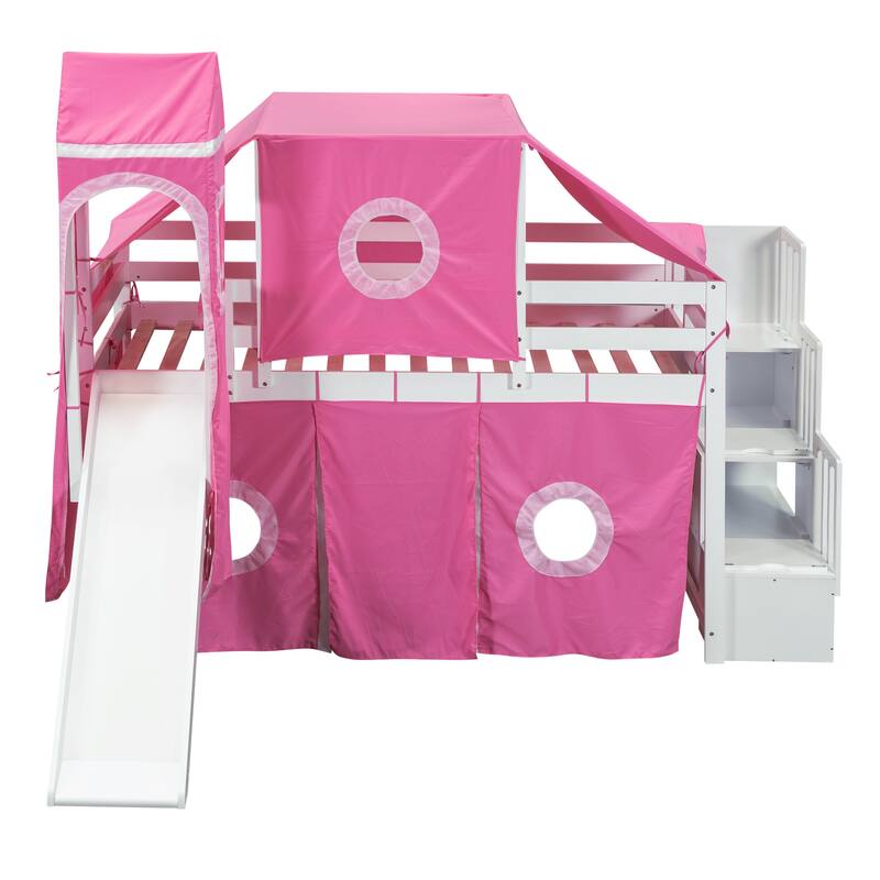 Twin Pine Loft Bed with Staircase, Slide, Tent, Tower, and Guardrail