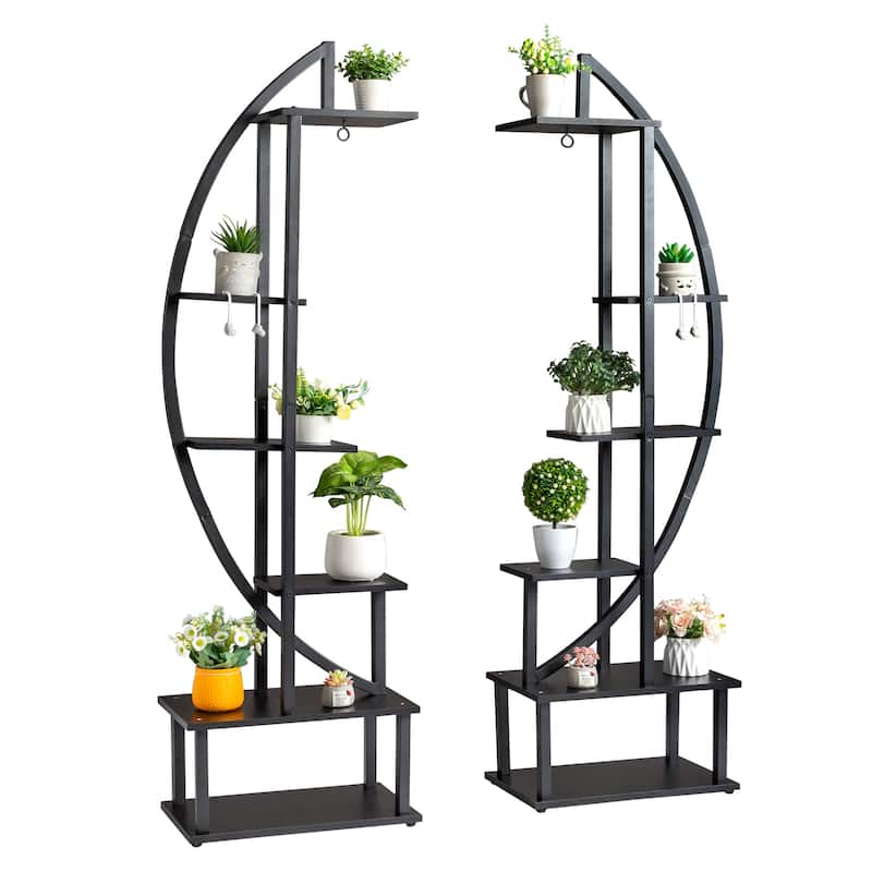 2pcs Half Moon Floor Plant Stand,Ironwood 6-layer Flower Stand Black