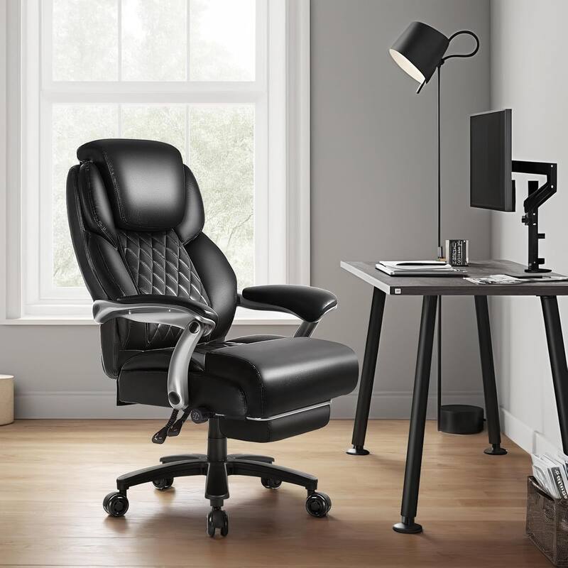 BOSSIN 600lbs Big and Tall Office Leather Chair with Flip up Armrest, Ergonomic Lumbar Support and Quiet Rubber Wheel
