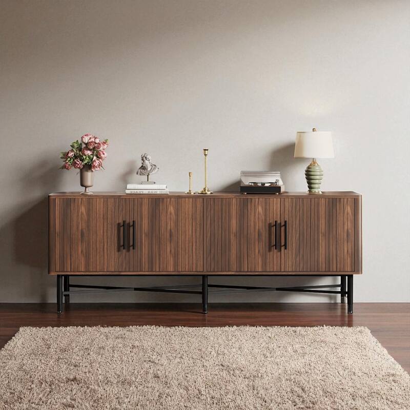 66" Media Console TV Stand with 4 Doors, Adjustable Shelves, Cable Management, Wood Finish & Metal Legs, Fits 65" TV - Chestnut