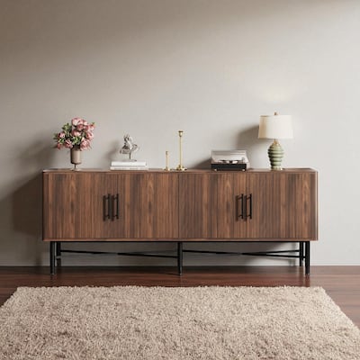 66" Media Console TV Stand with 4 Doors, Adjustable Shelves, Cable Management, Wood Finish & Metal Legs, Fits 65" TV