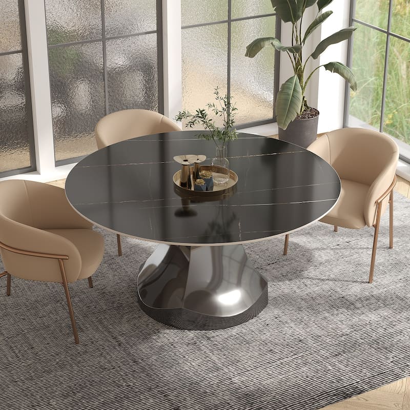 Modern Round Rock Stone Top Gunmetal Grey Stainless Steel Pedestal Dining Table