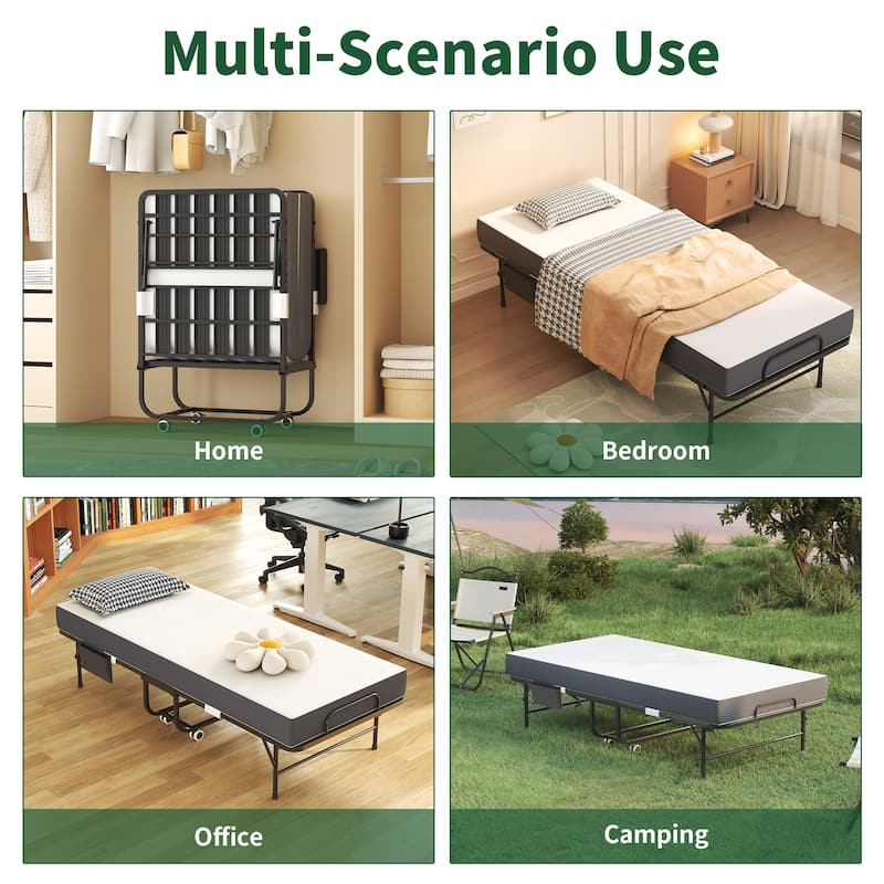 75 Inch Folding Bed with 5" Memory Foam Mattress, Rollaway Guest Bed, Heavy-Duty on Wheels, Portable Twin Bed