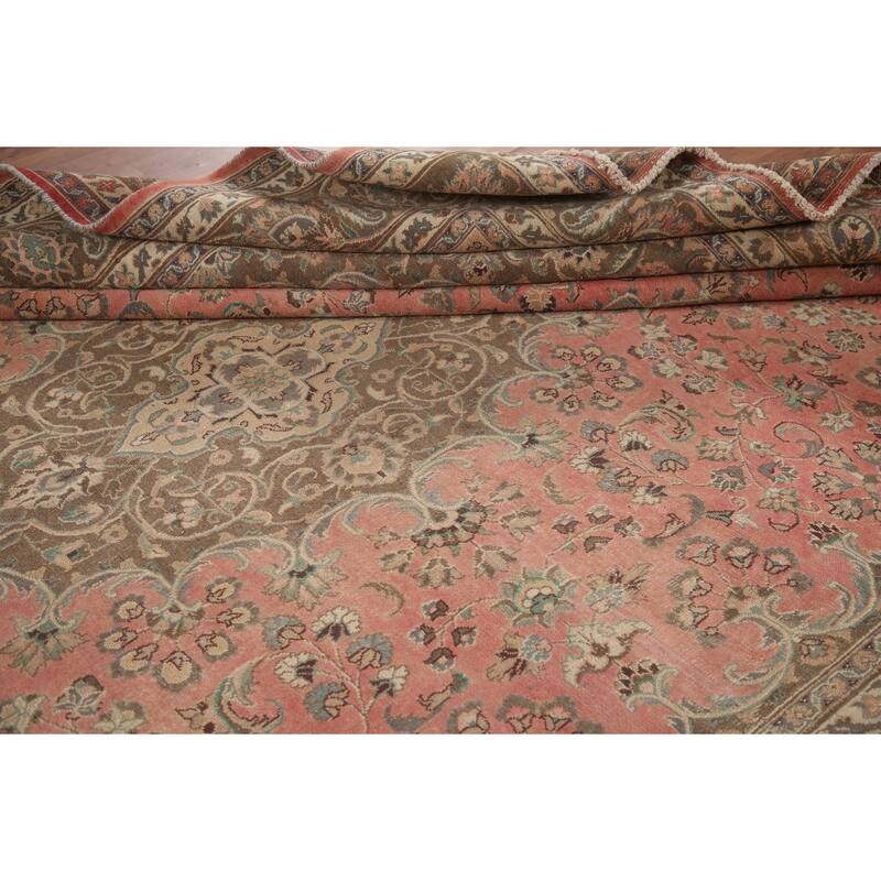 Hand Knotted Oriental 100% Wool Carpet Traditional Floral Pink Mashad Area Rug - 13' 0'' X 9' 7''