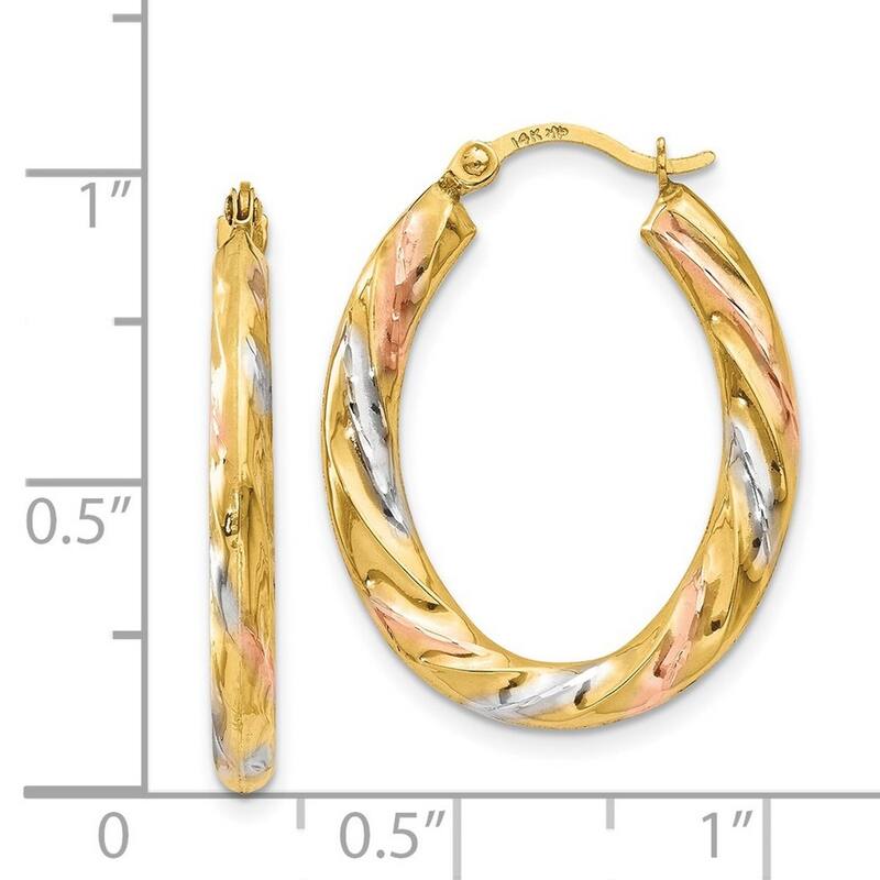 Curata 14k Tri-color Gold 24mm Oval Swirl Hoop Earrings