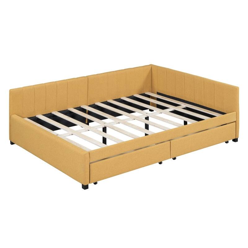 Full Size Upholstered Daybed with 2 Storage Drawers Sofa Bed Frame No Box Spring Needed, Linen Fabric