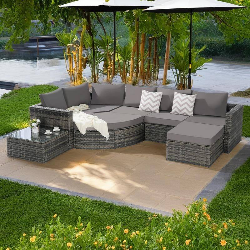 8-Piece Outdoor Patio Rattan Modular Sectional Sofa Set with Tempered Glass Coffee Table - Dark Gray