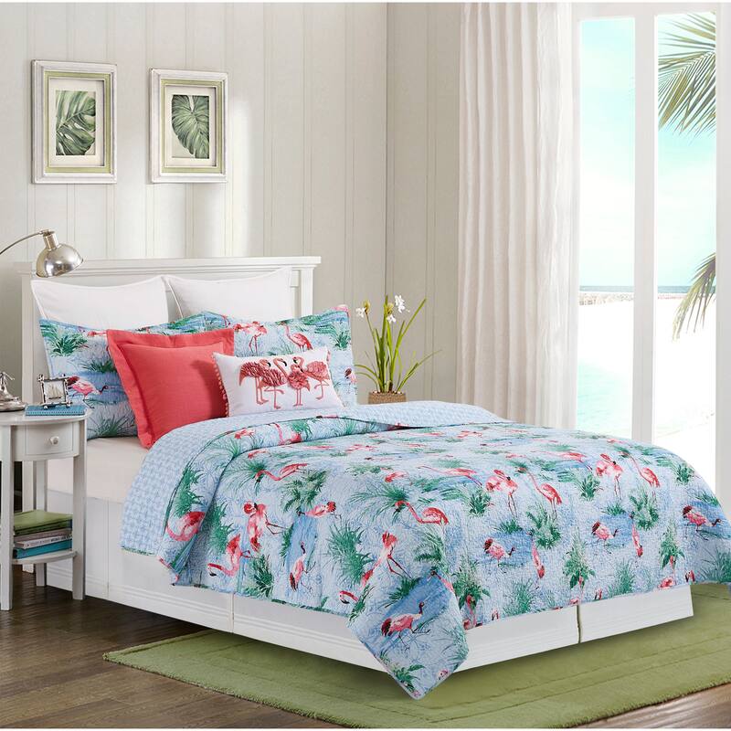 Paradise Coast Flamingo Cotton Quilt Set - Reversible and Machine Washable - 2 Piece - Twin