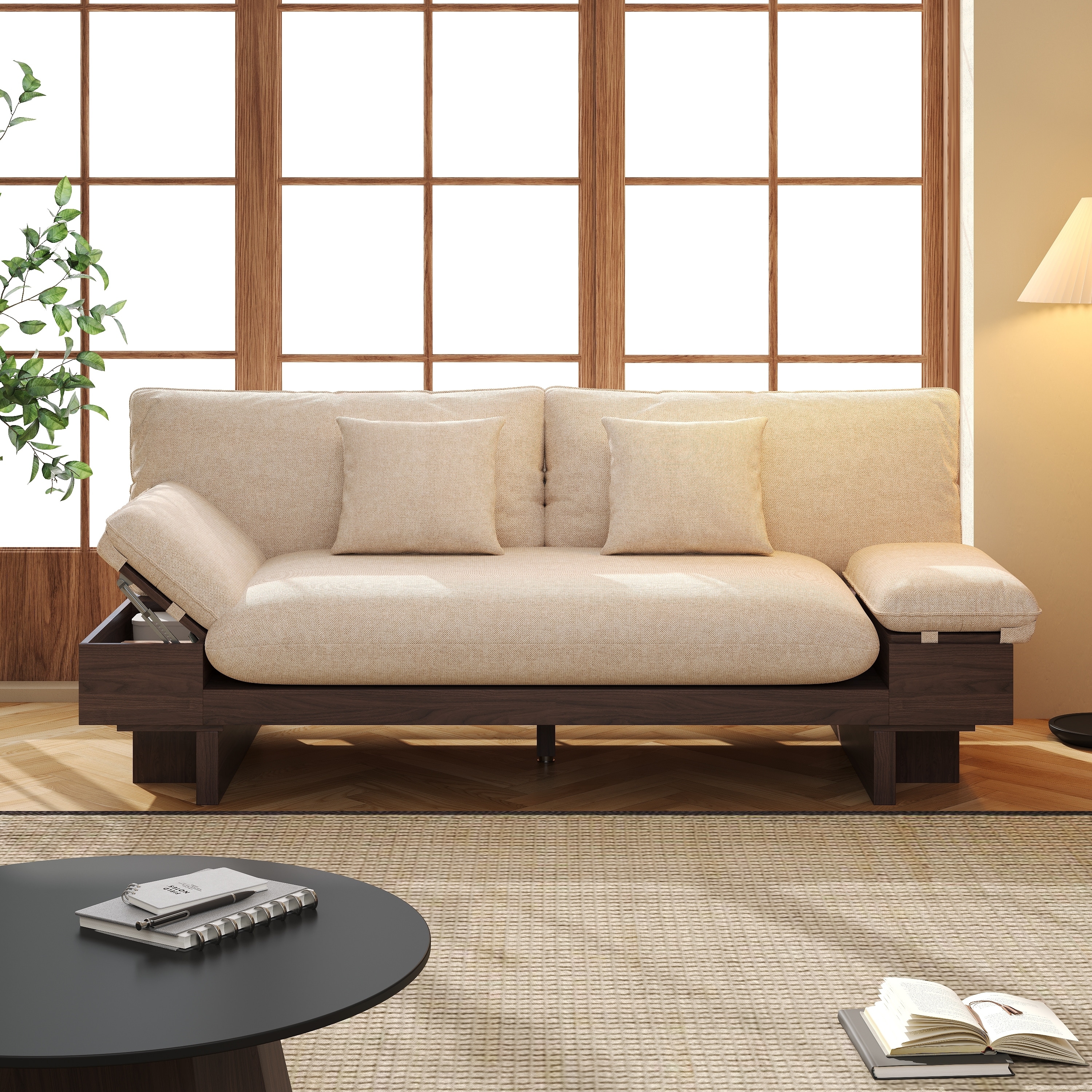 Luoxiao 3-Seater Beige Upholstered Fabric Sofa with Pillows