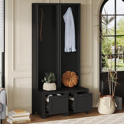 Elegant Free Standing Hall Tree Set of 2, Multifunctional 3-IN-1 Entryway Coat Rack with Black Retro Handles
