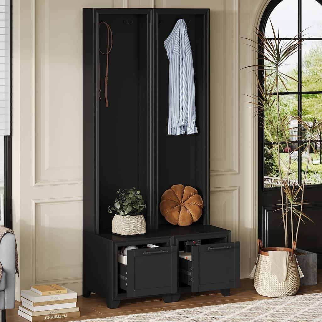 Roomfitters Elegant Hall Tree Set of 2, 3-in-1 Free Standing Entryway Coat Rack with Seating Bench and Hidden Storage