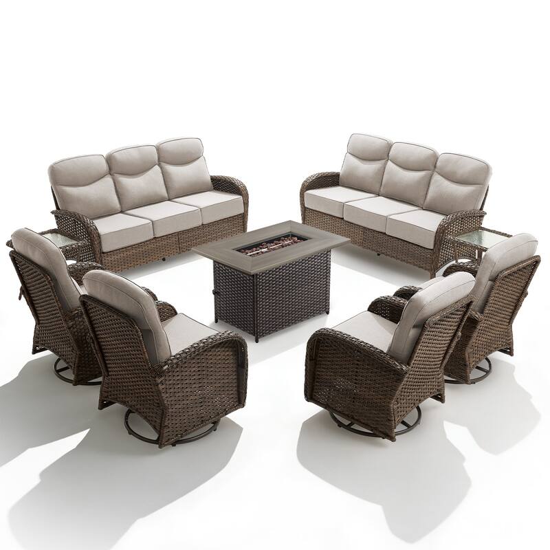 Luna 9-Piece Wicker Outdoor Patio Fire Pit Sofa Set with 6-Inch Thick Cushions