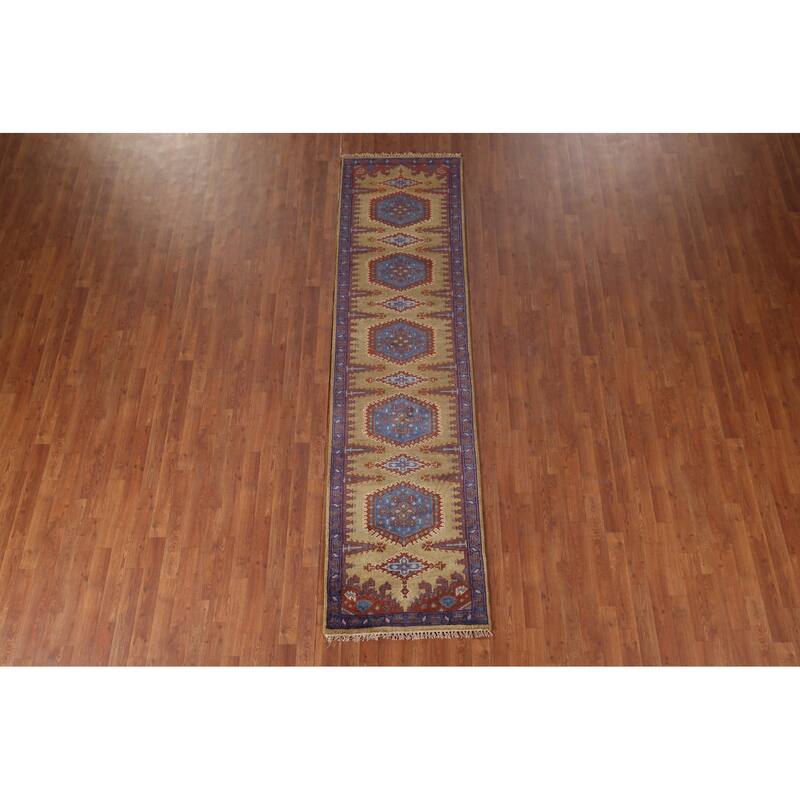 Geometric Green Viss Oriental Runner Rug Handmade Wool Carpet - 2'6"x 9'8"