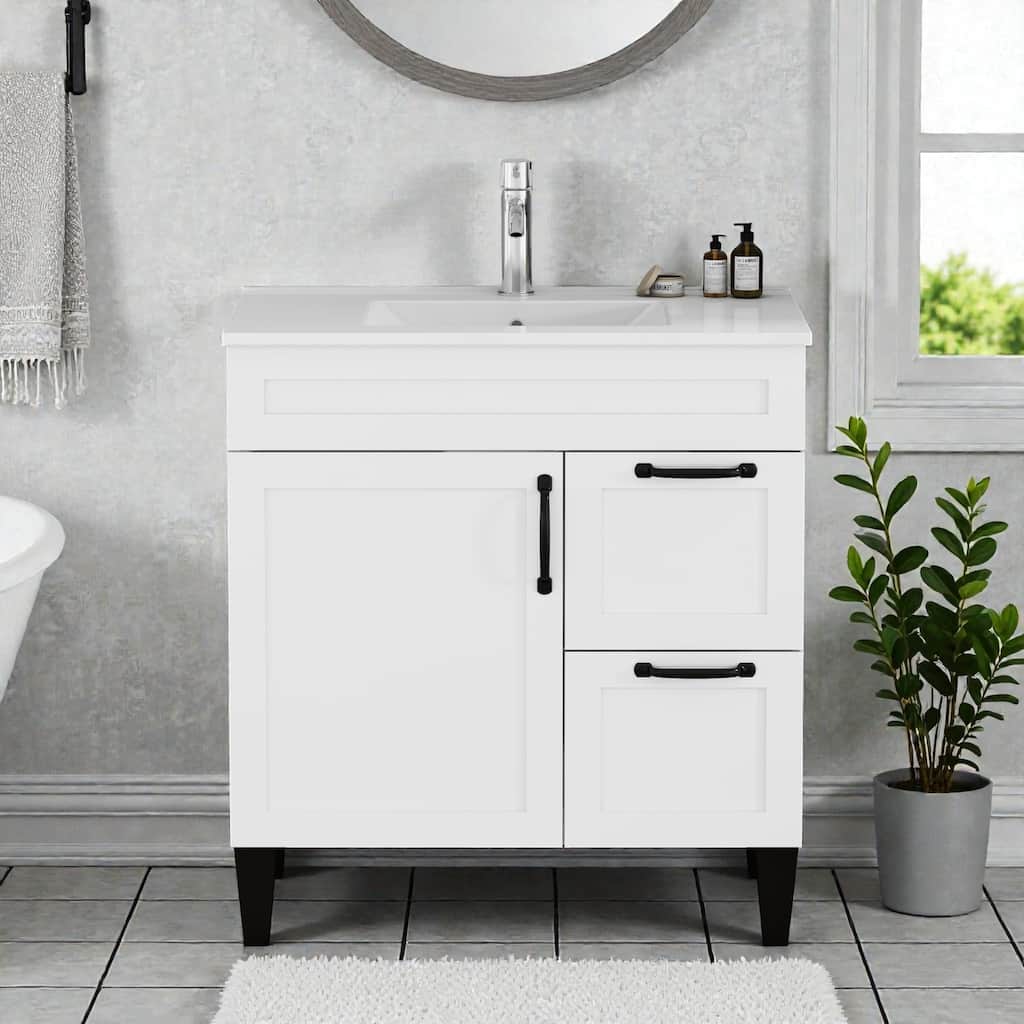 31.9" Bathroom Vanity with Ceramic Sink, 2 Drawers and 1 Door, Soft-Close Storage Cabinet, Black Hardware