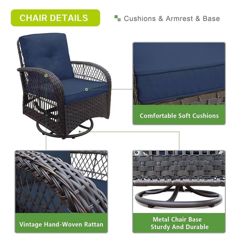 360-Degree Patio Wicker Swivel Rocker Chairs Set,w/Cushions and Table