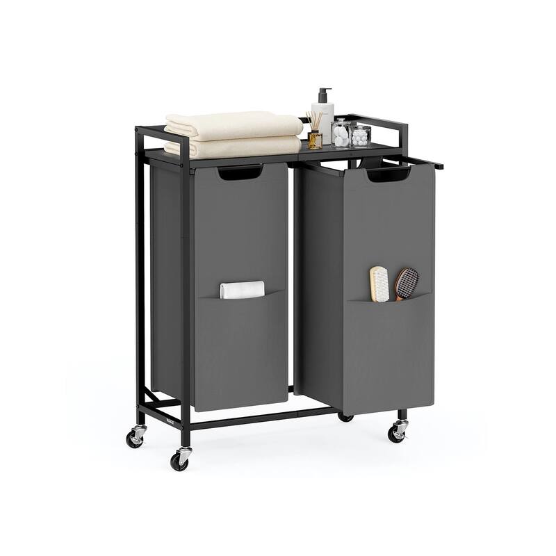 2-Compartment Laundry Hamper with Wheels and Top Organizer Shelf Removable Bags for Clothes and Towels