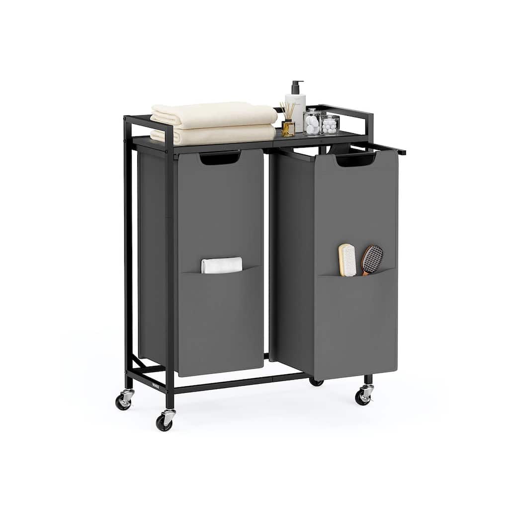 2-Compartment Laundry Hamper with Wheels and Top Organizer Shelf Removable Bags for Clothes and Towels