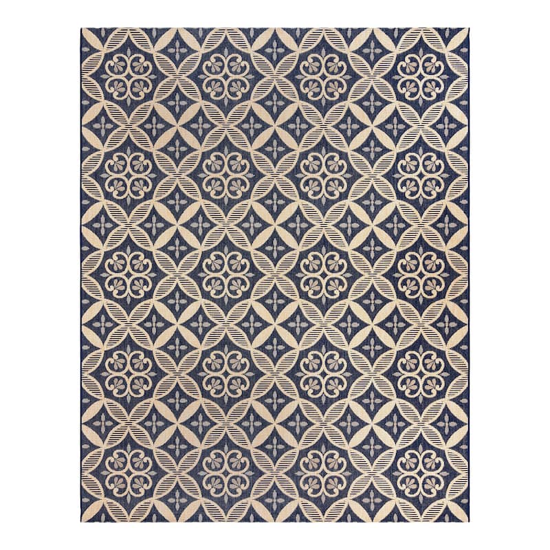 Gertmenian Paseo Niala Medallion Moroccan Tile Polypropylene Flatweave Indoor/ Outdoor Area Rugs - 5'3"x7' - Navy/ Sand