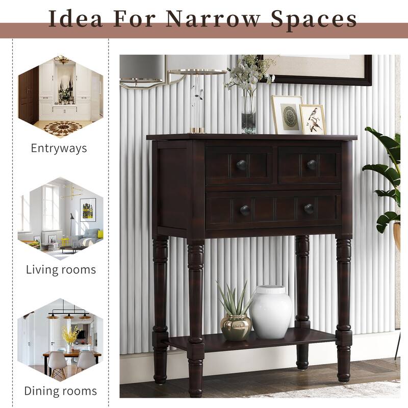 Narrow Console Table, Slim Sofa Table with 3 Storage Drawers and Bottom Shelf