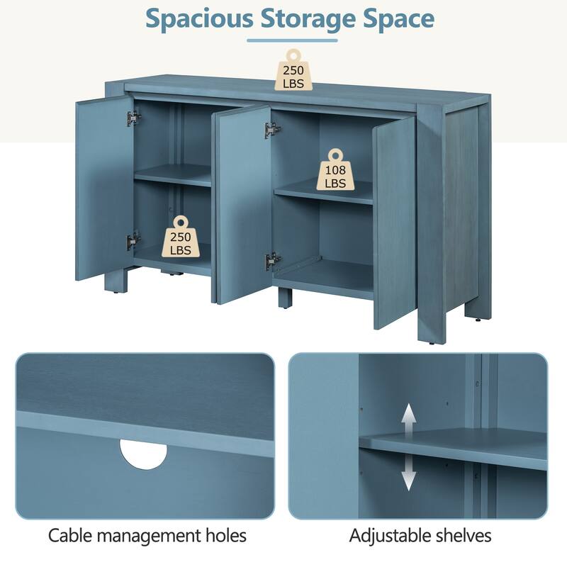 Retro 4-Door Buffet Cabinet with Adjustable Shelves Storage, for Dining Room, Kitchen and Living Room, Navy
