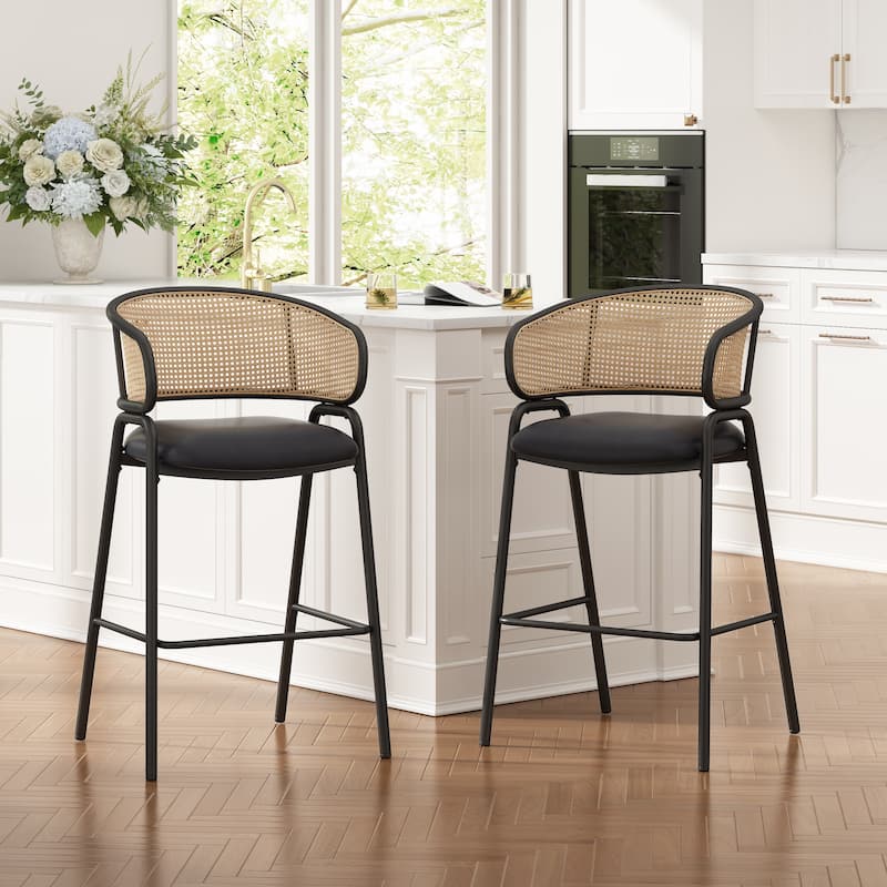 Christopher Knight Home - Rain Metal Frame Bar Stools (Set of 2) with Faux Leather Seat & Woven Rattan Back - Black