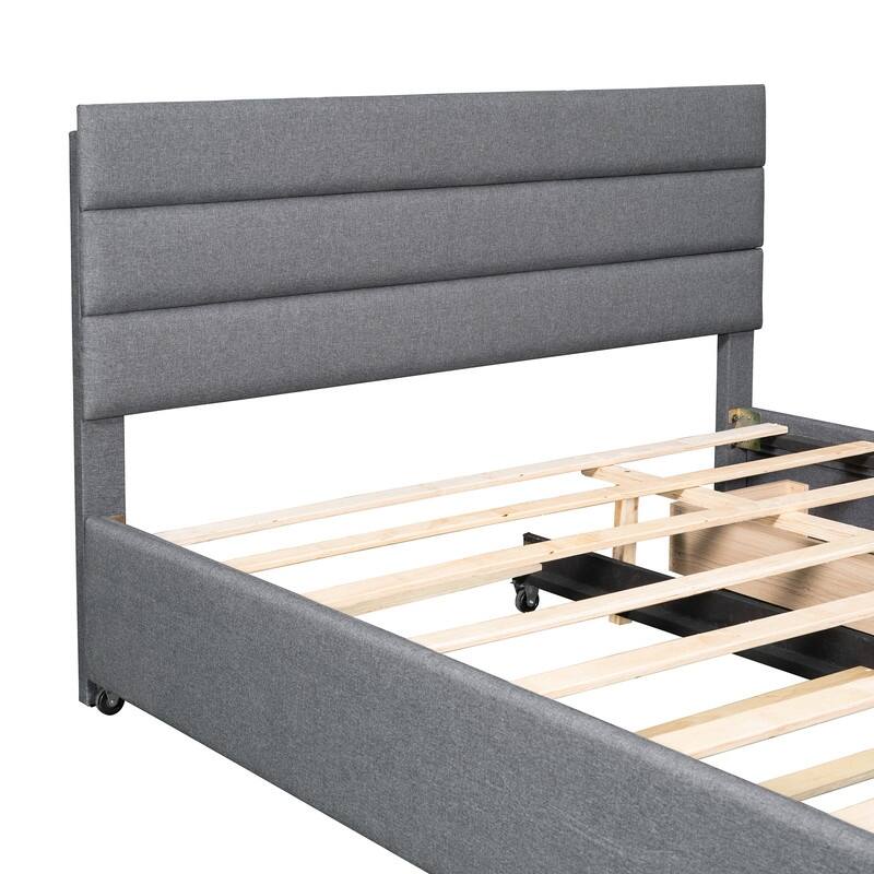 Upholstered Queen Size Platform Bed with 2 Storage Drawers and Twin Trundle Bed, Wood Queen Bed Frame with Linen Fabric