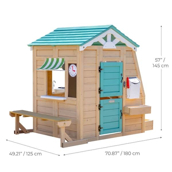 Teamson Kids Agnes Wooden Playhouse with Garden Window, Fixed Bench & Flower Boxes, Tan