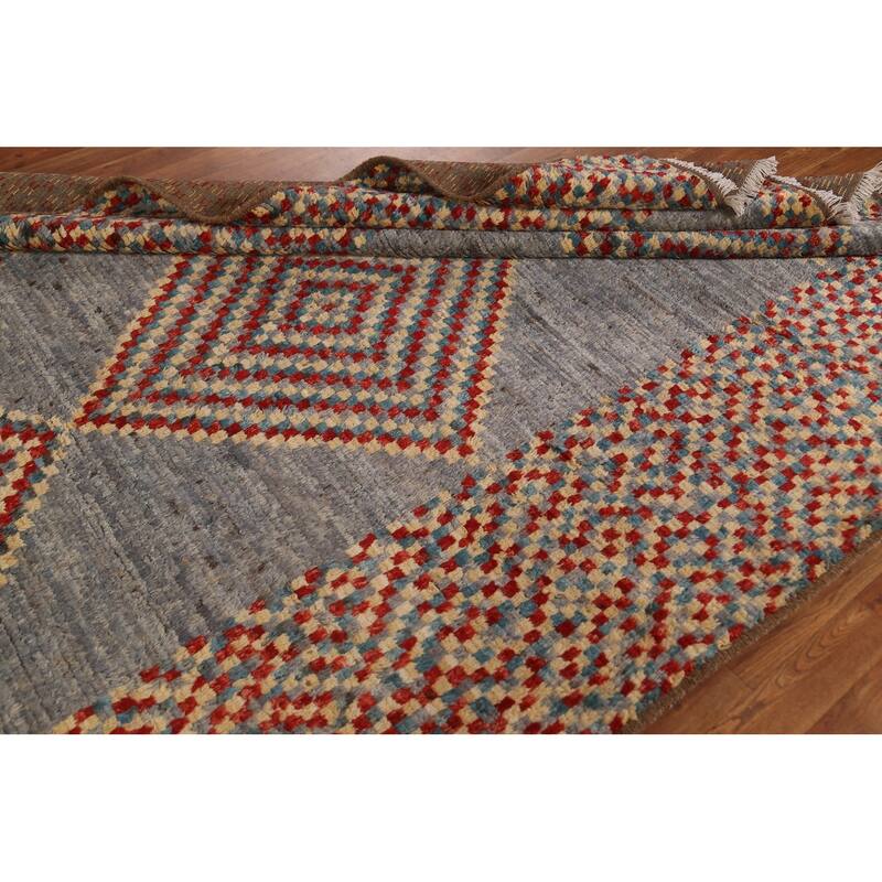 Hand Knotted Oriental 100% Wool Carpet Modern Geometric Greys & Charcoal Moroccan Area Rug - 9' 8'' X 6' 4''