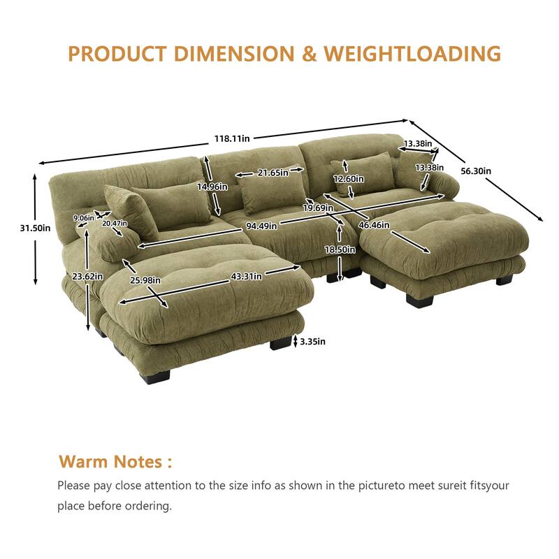 GALDWIN Velvet Upholstered 3-Seater Comfy U-shaped Cloud Tufted Free Combined Sectional Sofa with 2 Ottomans