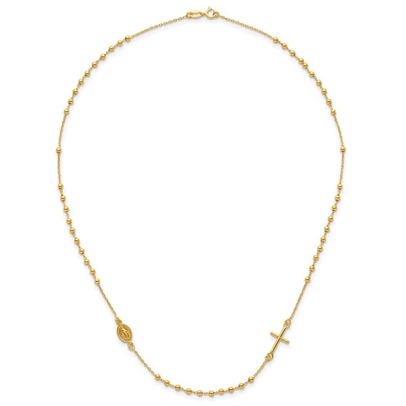 Curata 14k Yellow Gold Sideways Cross Beaded Rosary Style Necklace, 16.5"