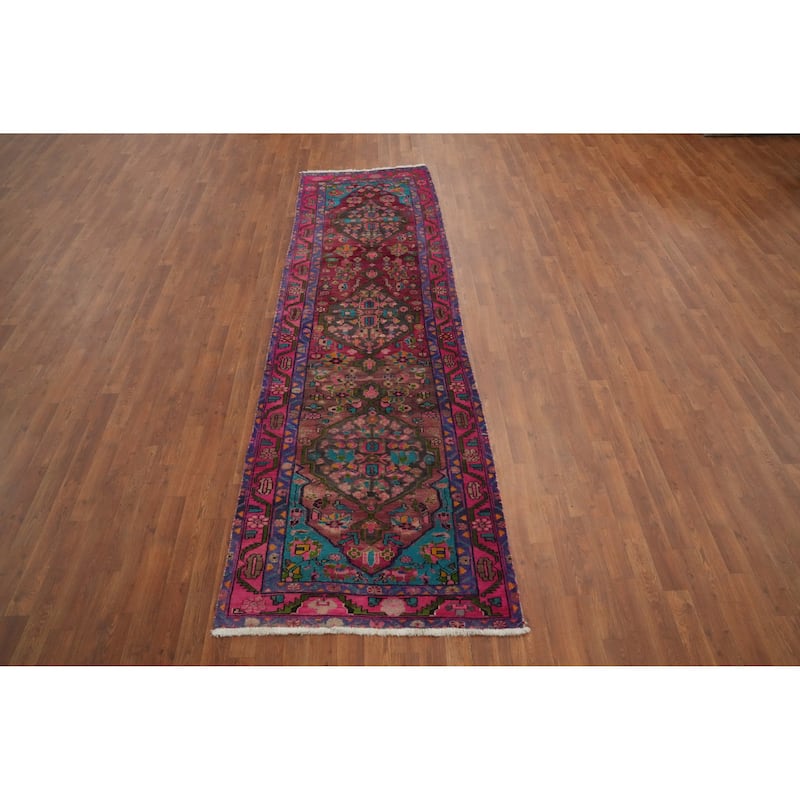 Hand Knotted Oriental 100% Wool Carpet Traditional Geometric Pink Ardebil Runner Rug - 10' 6'' X 3' 0''