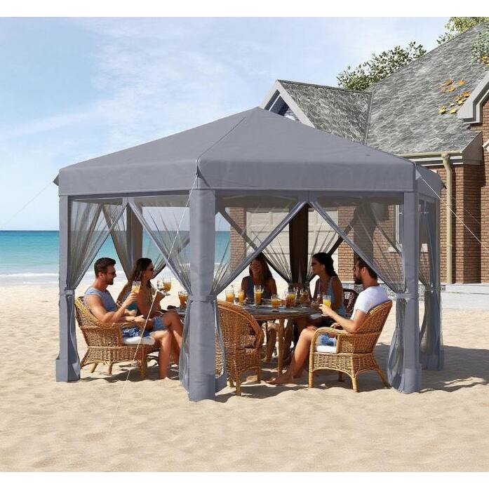 Hexagonal Pop Up Gazebo Tent with Mesh Walls, Adjustable Height, Steel Frame for Outdoor Camping & Events - Grey