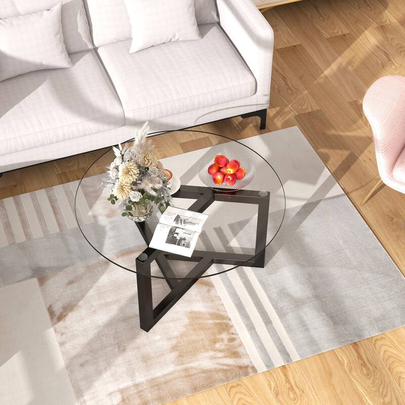 35.43" Modern Coffee Table with Tempered Glass Top and Sturdy Wood Base