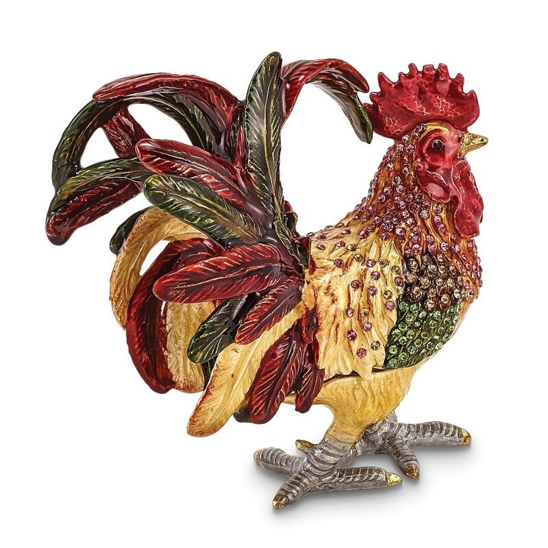 Curata Pewter Bejeweled Crystals Gold-Tone Enameled Rory Strutting Rooster Trinket Box on 18 Inch Necklace