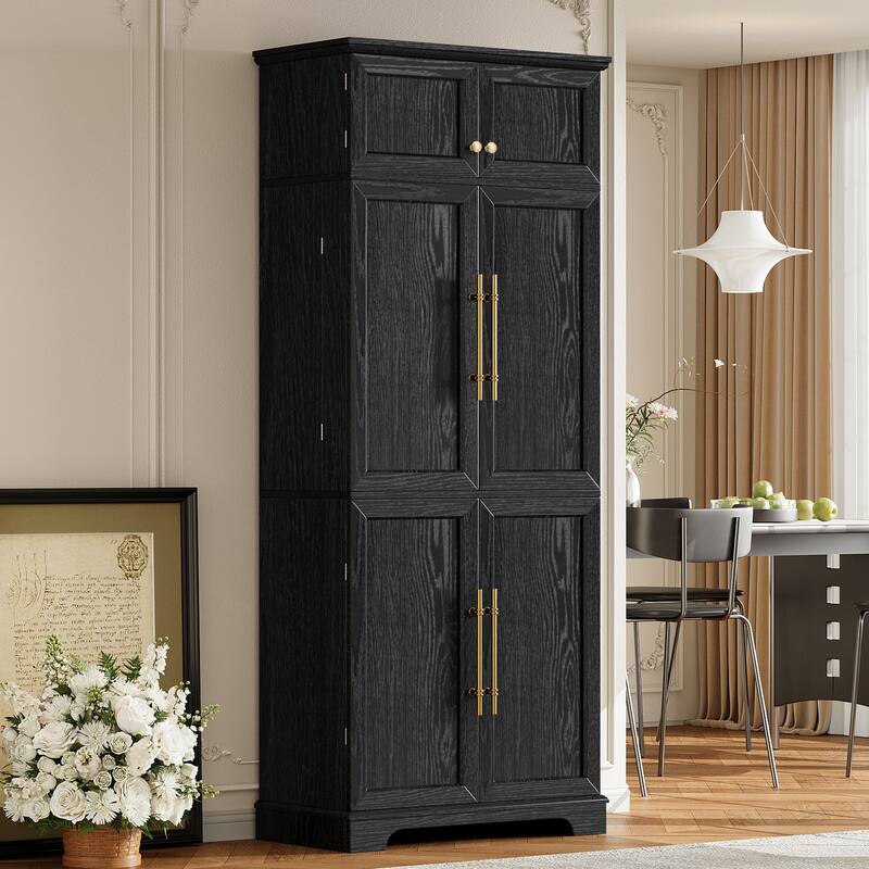 Roomfitters 78" Tall Farmhouse Kitchen Pantry Cabinet with 8 Door Shelves, Wine Rack & Hidden Drawer - Black