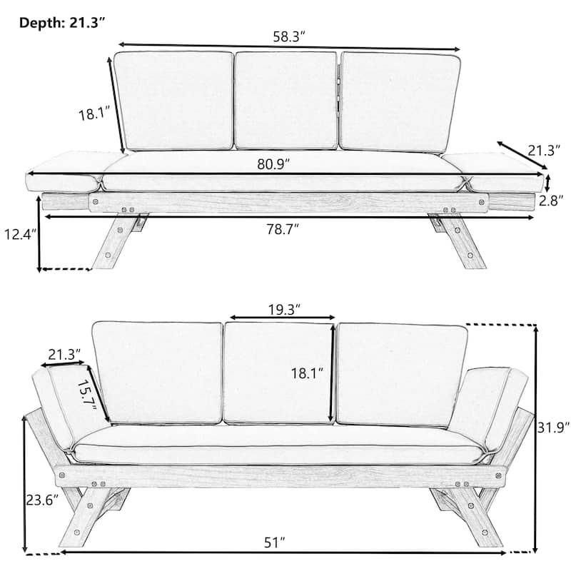 Outdoor Adjustable Sofa Chaise Lounge with Cushions