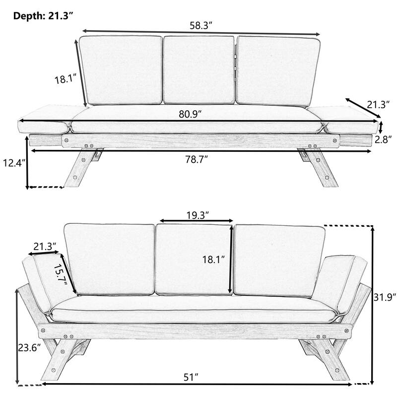 Outdoor Solid Wood Daybed Sofa with Adjustable Armrests