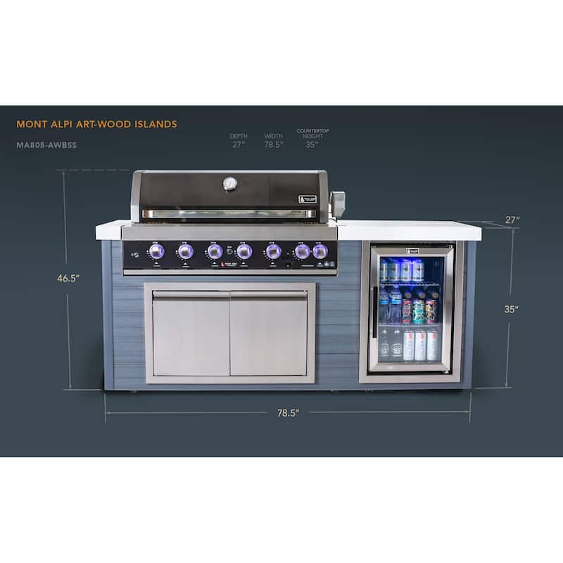 Mont Alpi MA805-AWBSS Artwood Polyethylene Frame 6-burner Stainless Steel Outdoor Kitchen Island Grill + Refrigerator - N/A