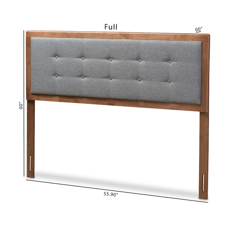 Mid-Century Modern Dark Grey Fabric Upholstered Walnut Brown Wood Queen Size Headboard with Retro Charm