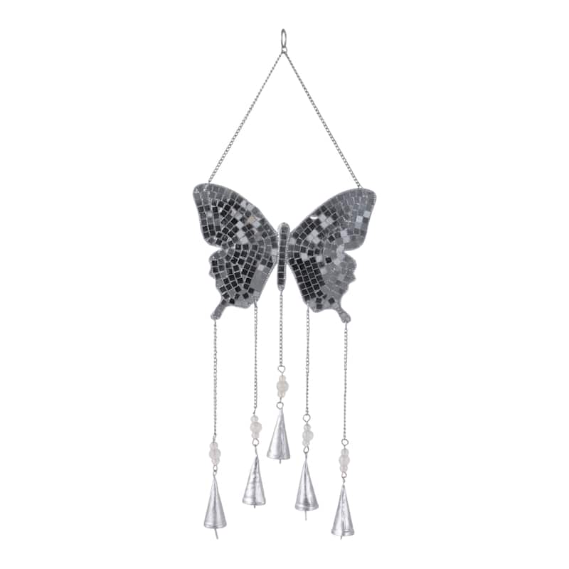 Metal Windchime with Glass Accents and Iron Bells in Butterfly Shape - 10" x 1" x 26" - Silver/ Metallic