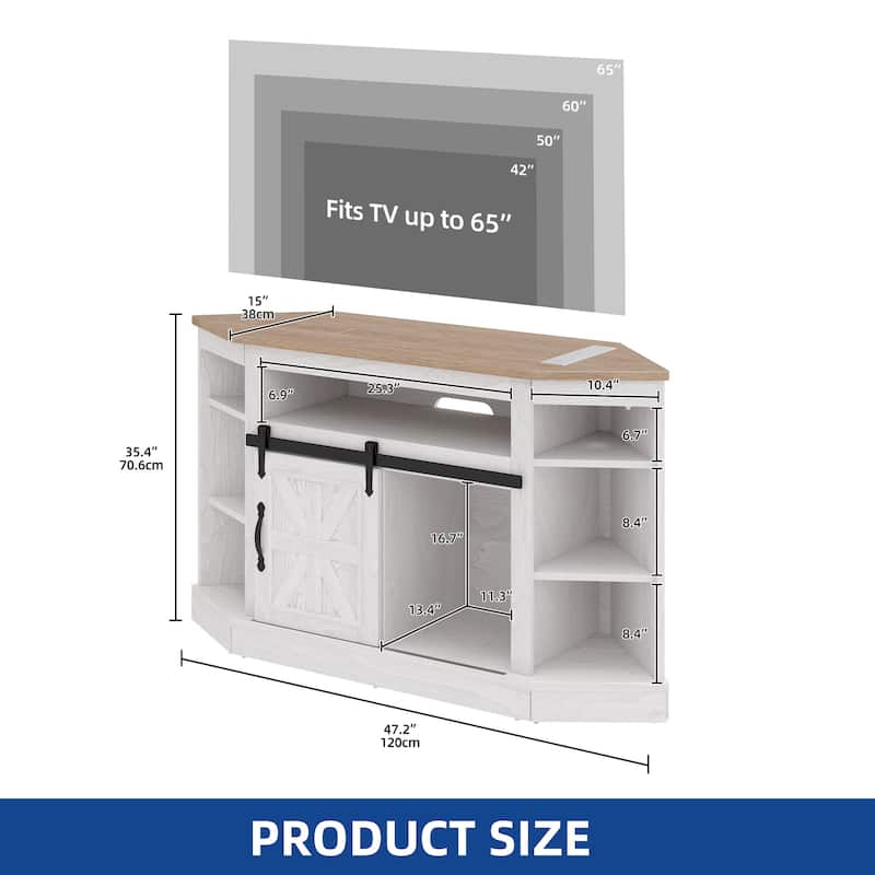 Moasis 47.2" W Corner TV Stand with Power Outlet, Barned-Door Cabinet