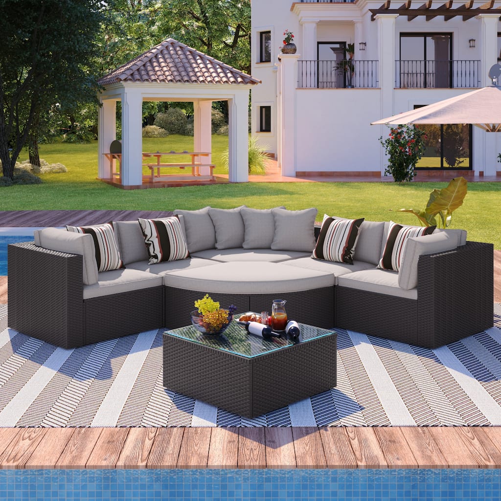 7-piece Outdoor Wicker Sofa Set, Rattan Sofa Lounger, With Colorful Pillows, Conversation Sofa, For Patio, Garden, Deck