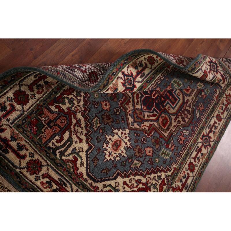 Light Blue Geometric Heriz Serapi Rug Hand-Knotted Wool Carpet - 4'0" X 6'0"